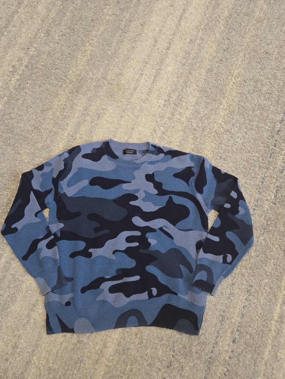 Zara Man Blue Camouflage Crewneck Sweater L Large Knit Camo Pullover Streetwear
